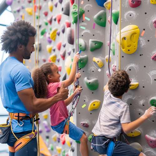 Familia escalando en rocódromo.