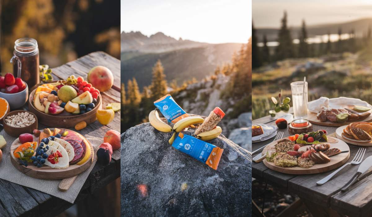 comidas-para-escalada-pre-durante-y-despues Imagen realista de comidas para escalada: desayuno saludable con frutas, frutos secos y avena antes de la sesión; snacks energéticos como barras de granola y plátanos durante la escalada, junto a una mochila sobre una roca en un sendero montañoso; y comida de recuperación con proteínas a la parrilla, vegetales y quinoa al aire libre al atardecer.